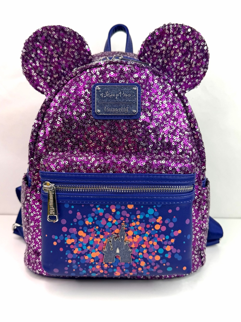 Disney Loungefly Backpack Fantasyland Castle Sequin Purple & Silver Bag